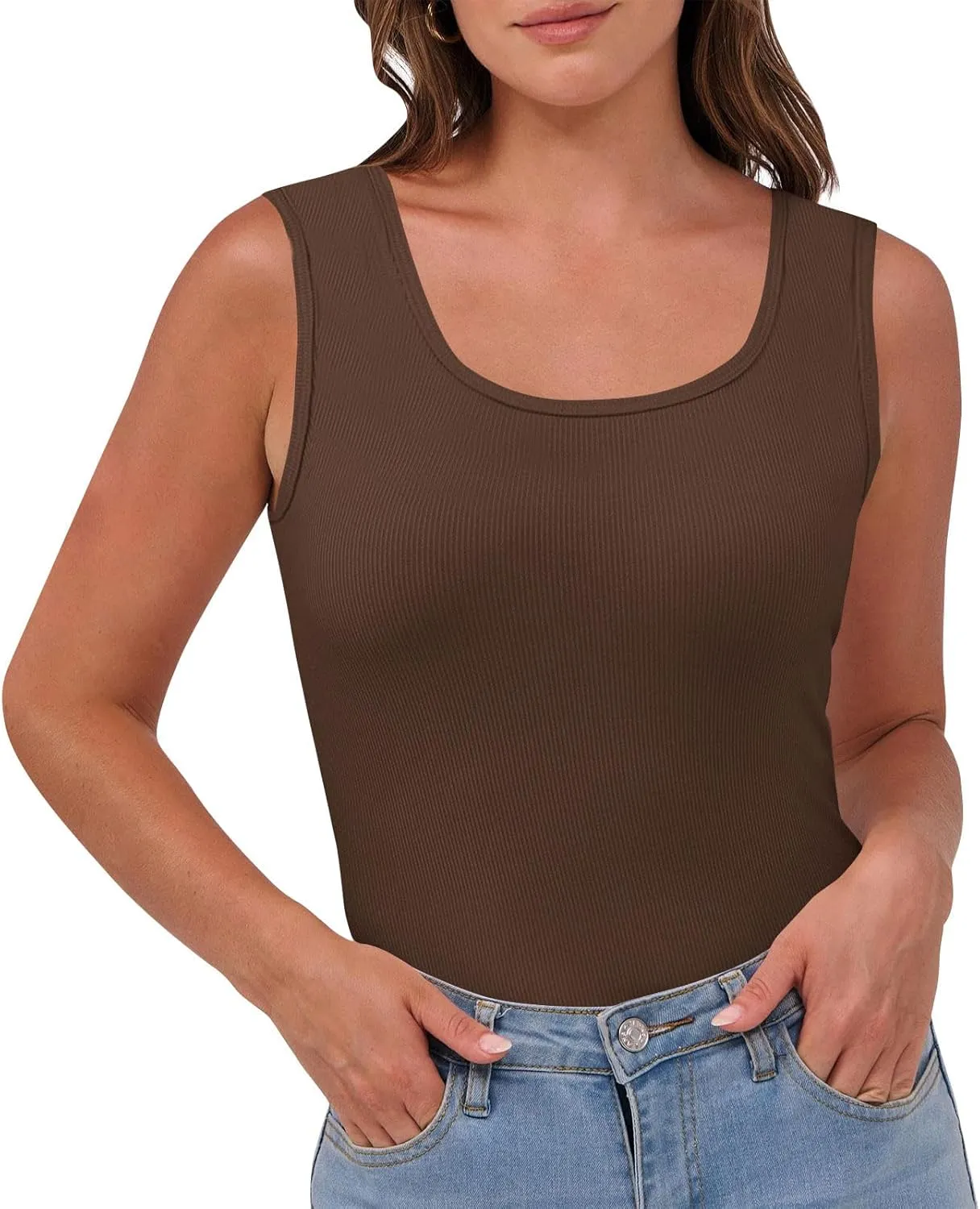 Women's Sleeveless Tank Tops Square Neck Ribbed Knit Tanks Slim Fit Basic Cami Shirts Workout Exercise Clothes