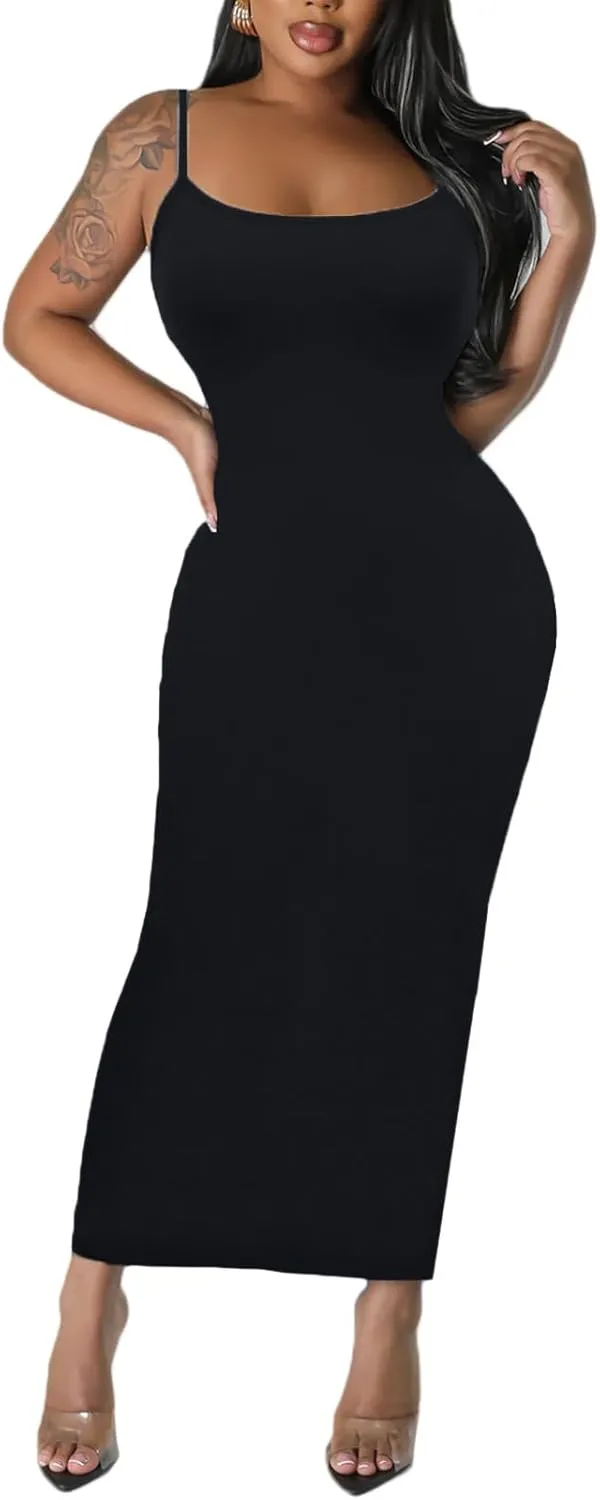 Women's Spaghetti Strap Bodycon Dress - Summer Casual Maxi Club Party Long Tight Slip Dresses