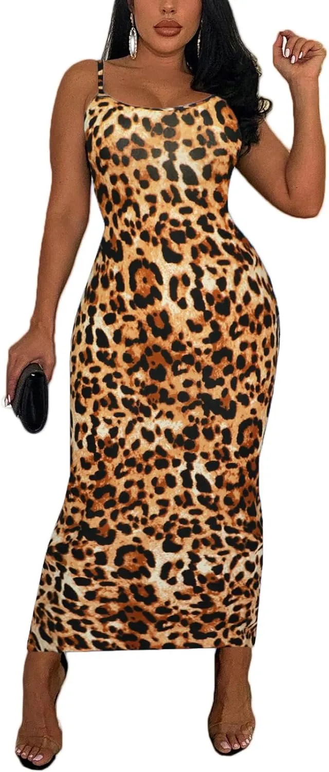 Women's Spaghetti Strap Bodycon Dress - Summer Casual Maxi Club Party Long Tight Slip Dresses