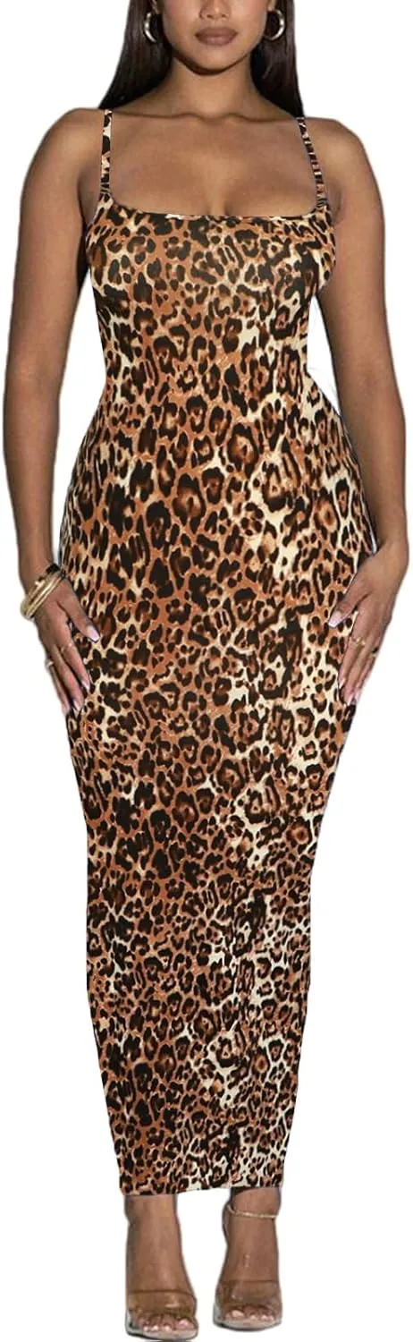 Women's Spaghetti Strap Bodycon Dress - Summer Casual Maxi Club Party Long Tight Slip Dresses