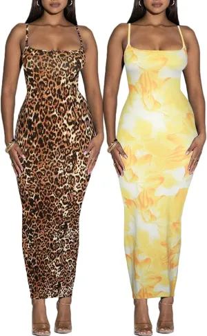 Women's Spaghetti Strap Bodycon Dress - Summer Casual Maxi Club Party Long Tight Slip Dresses