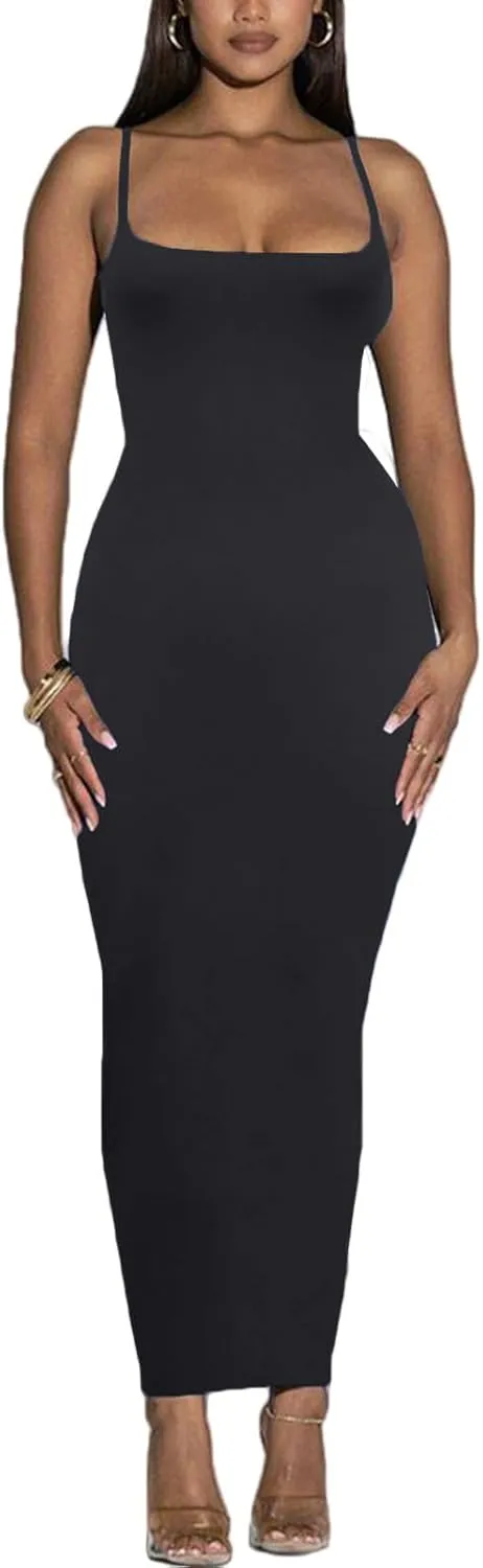 Women's Spaghetti Strap Bodycon Dress - Summer Casual Maxi Club Party Long Tight Slip Dresses