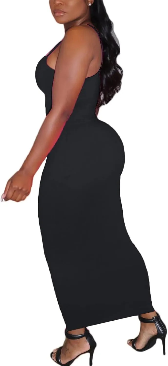 Women's Spaghetti Strap Bodycon Dress - Summer Casual Maxi Club Party Long Tight Slip Dresses