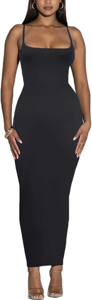 Women's Spaghetti Strap Bodycon Dress - Summer Casual Maxi Club Party Long Tight Slip Dresses