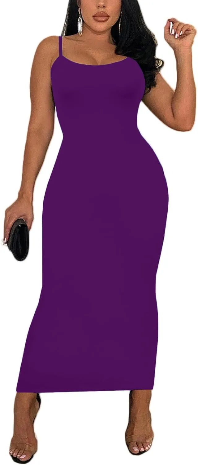 Women's Spaghetti Strap Bodycon Dress - Summer Casual Maxi Club Party Long Tight Slip Dresses