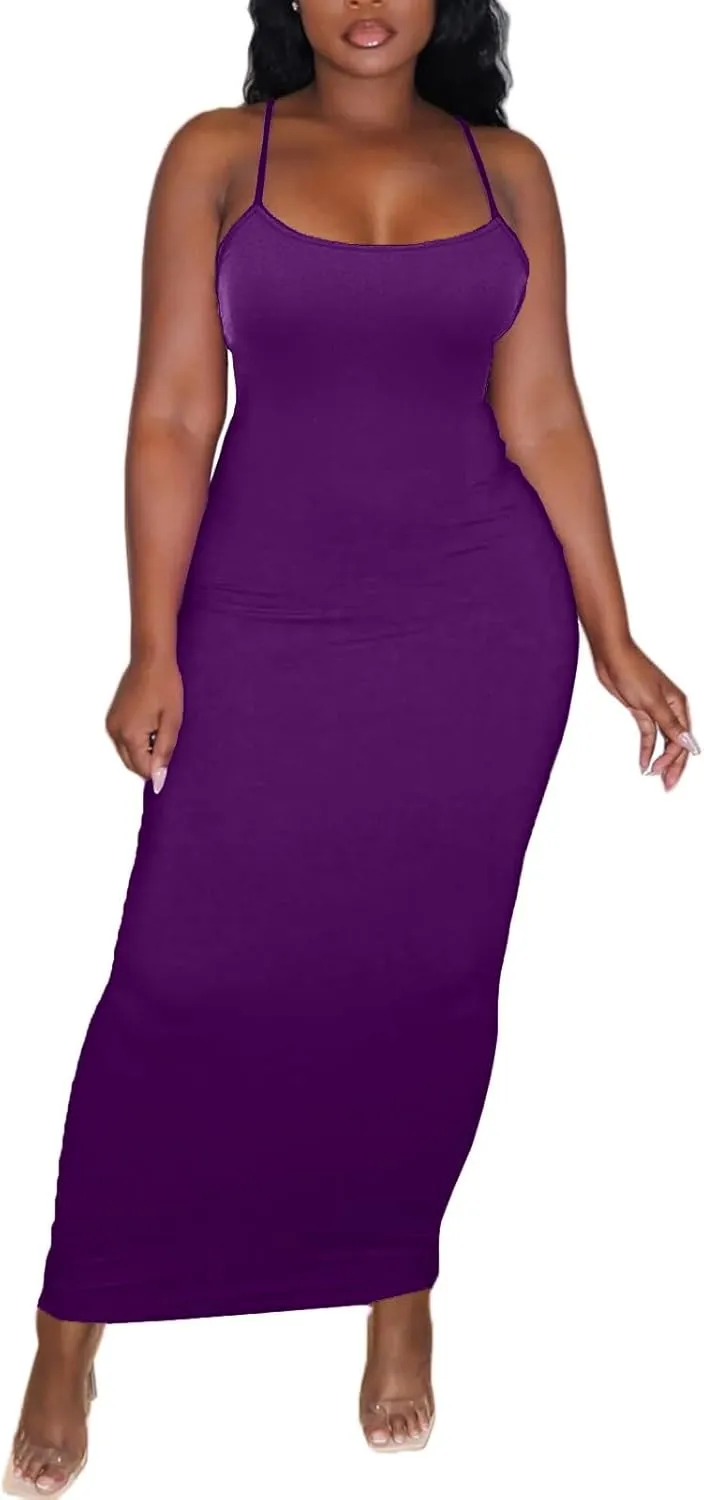 Women's Spaghetti Strap Bodycon Dress - Summer Casual Maxi Club Party Long Tight Slip Dresses