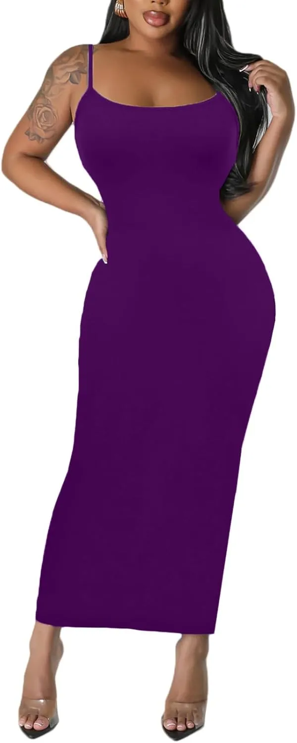 Women's Spaghetti Strap Bodycon Dress - Summer Casual Maxi Club Party Long Tight Slip Dresses