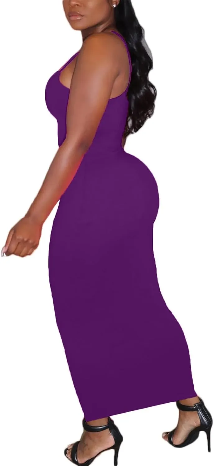 Women's Spaghetti Strap Bodycon Dress - Summer Casual Maxi Club Party Long Tight Slip Dresses