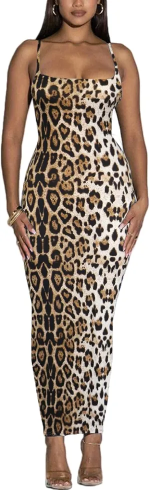 Women's Spaghetti Strap Bodycon Dress - Summer Casual Maxi Club Party Long Tight Slip Dresses