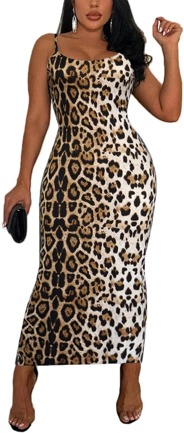 Women's Spaghetti Strap Bodycon Dress - Summer Casual Maxi Club Party Long Tight Slip Dresses