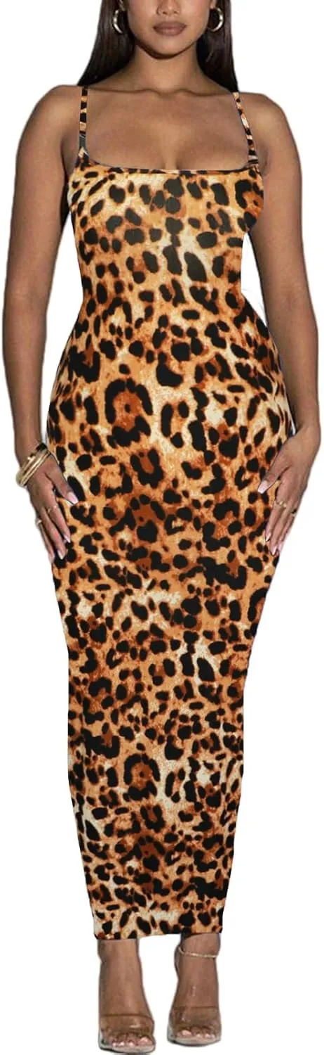 Women's Spaghetti Strap Bodycon Dress - Summer Casual Maxi Club Party Long Tight Slip Dresses