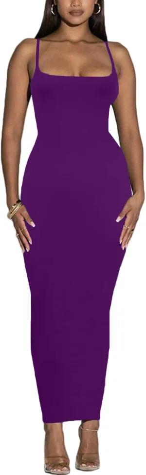 Women's Spaghetti Strap Bodycon Dress - Summer Casual Maxi Club Party Long Tight Slip Dresses