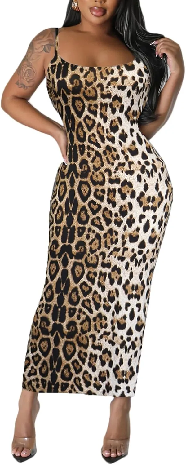 Women's Spaghetti Strap Bodycon Dress - Summer Casual Maxi Club Party Long Tight Slip Dresses
