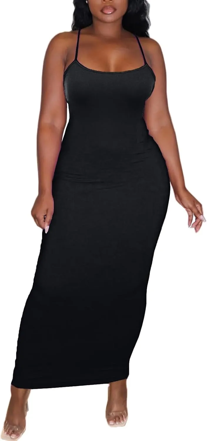 Women's Spaghetti Strap Bodycon Dress - Summer Casual Maxi Club Party Long Tight Slip Dresses