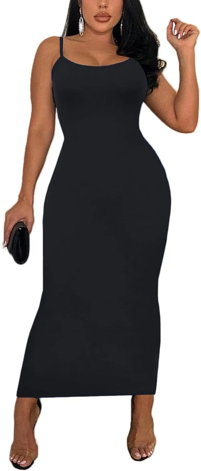 Women's Spaghetti Strap Bodycon Dress - Summer Casual Maxi Club Party Long Tight Slip Dresses
