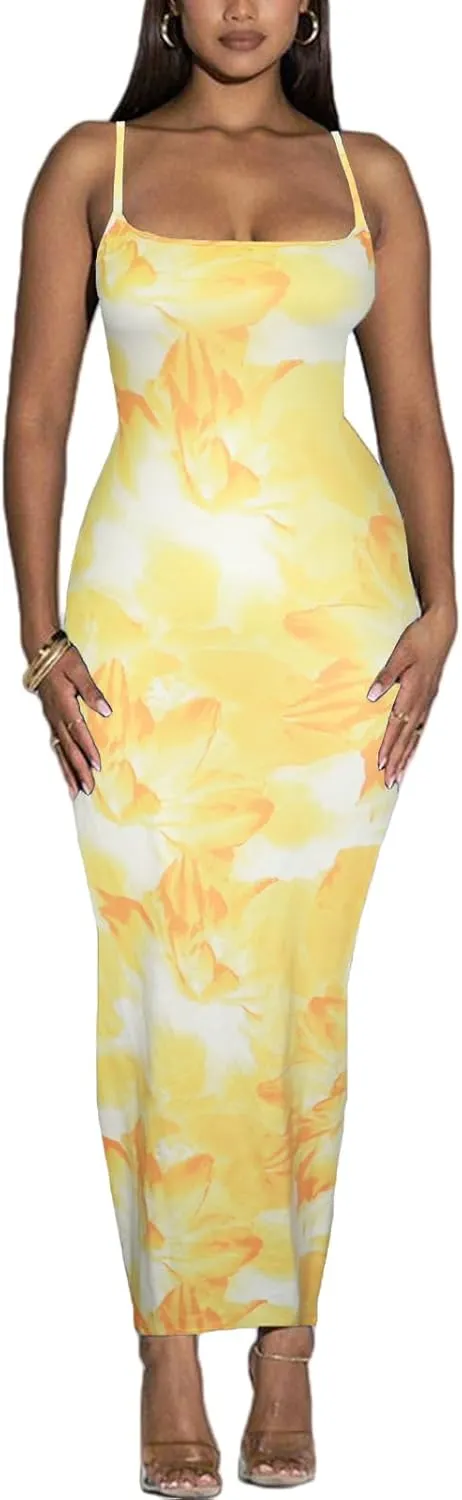 Women's Spaghetti Strap Bodycon Dress - Summer Casual Maxi Club Party Long Tight Slip Dresses