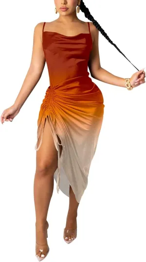Women's Spaghetti Strap Satin Dress Sexy Backless Drawstring Ruched Split Hem Cocktail Evening Party
