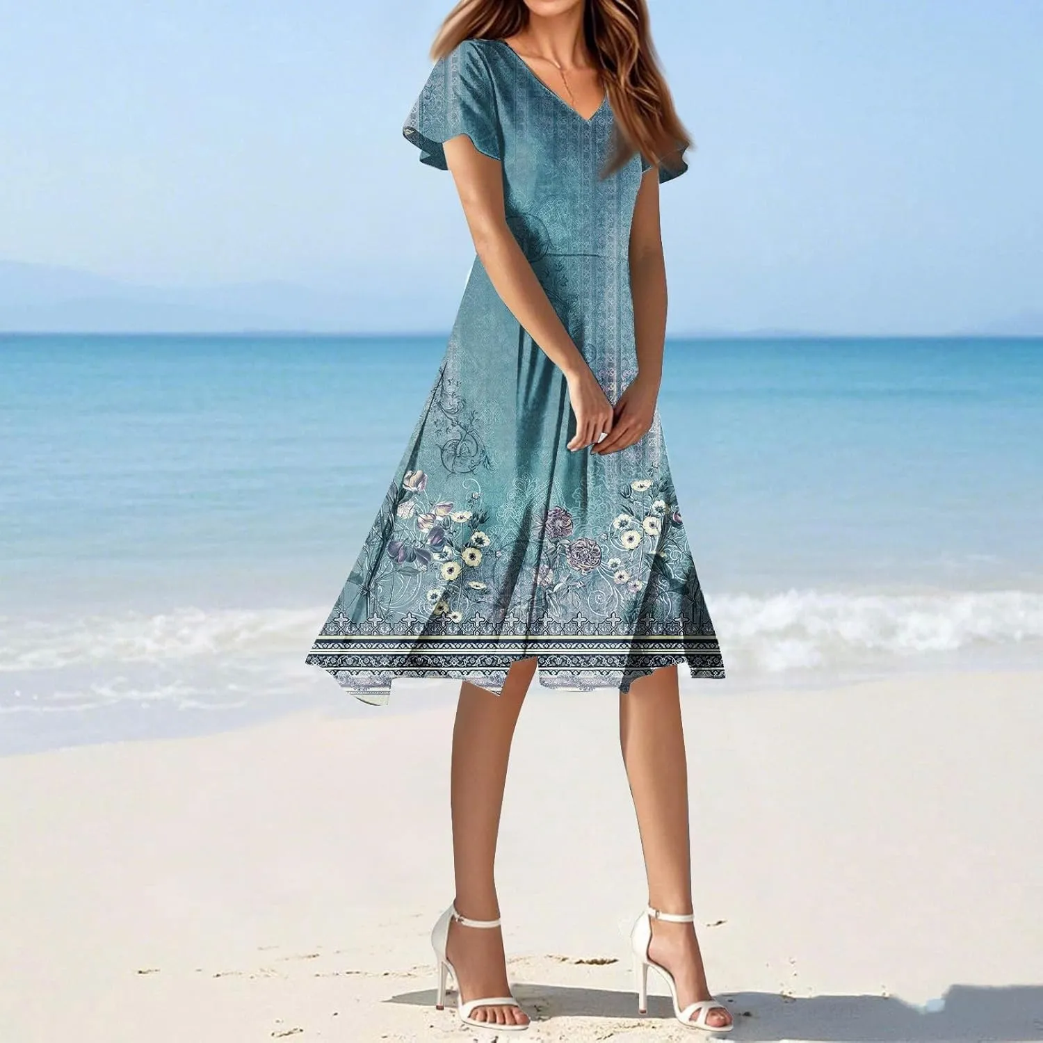 Womens Spring Dresses 2025 Floral Summer Dress for Women Elegant Casual Flowy Modest Midi Beach Dress Chiffon Dresses