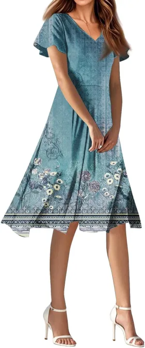 Womens Spring Dresses 2025 Floral Summer Dress for Women Elegant Casual Flowy Modest Midi Beach Dress Chiffon Dresses