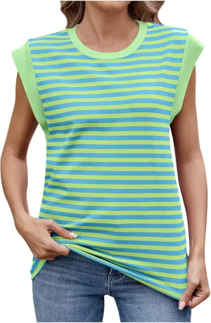 Womens Stripe Tank Tops Casual Trendy Crewneck Sleeveless Flying Sleeves Shirts 2025 Summer Beach Vacation Tank Tops