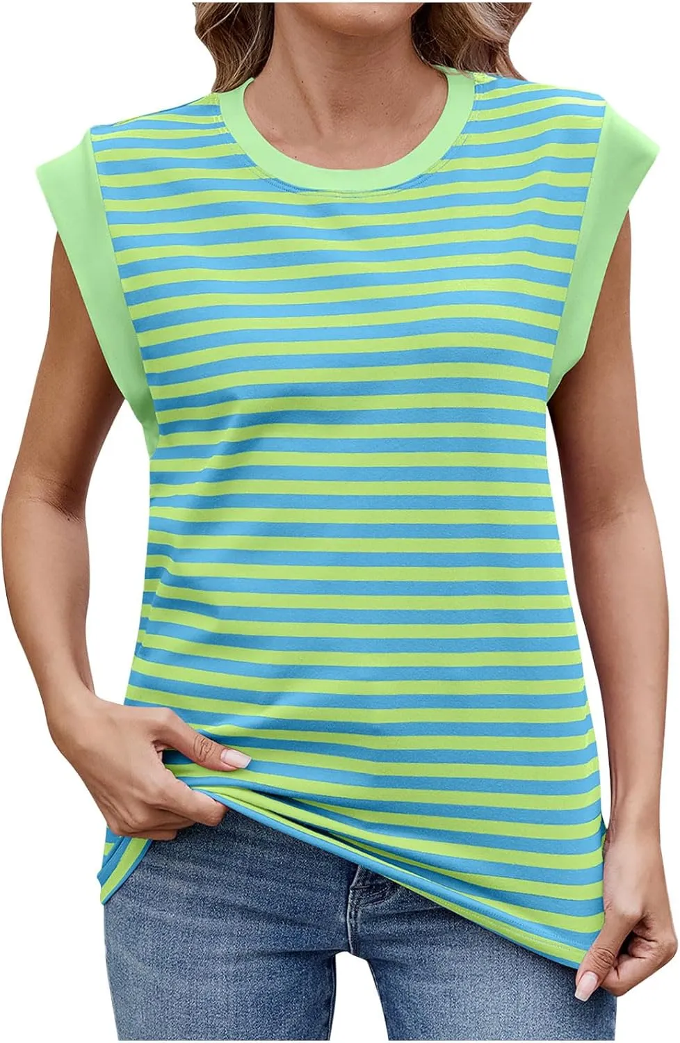 Womens Stripe Tank Tops Casual Trendy Crewneck Sleeveless Flying Sleeves Shirts 2025 Summer Beach Vacation Tank Tops