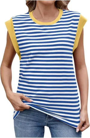 Womens Stripe Tank Tops Casual Trendy Crewneck Sleeveless Flying Sleeves Shirts 2025 Summer Beach Vacation Tank Tops