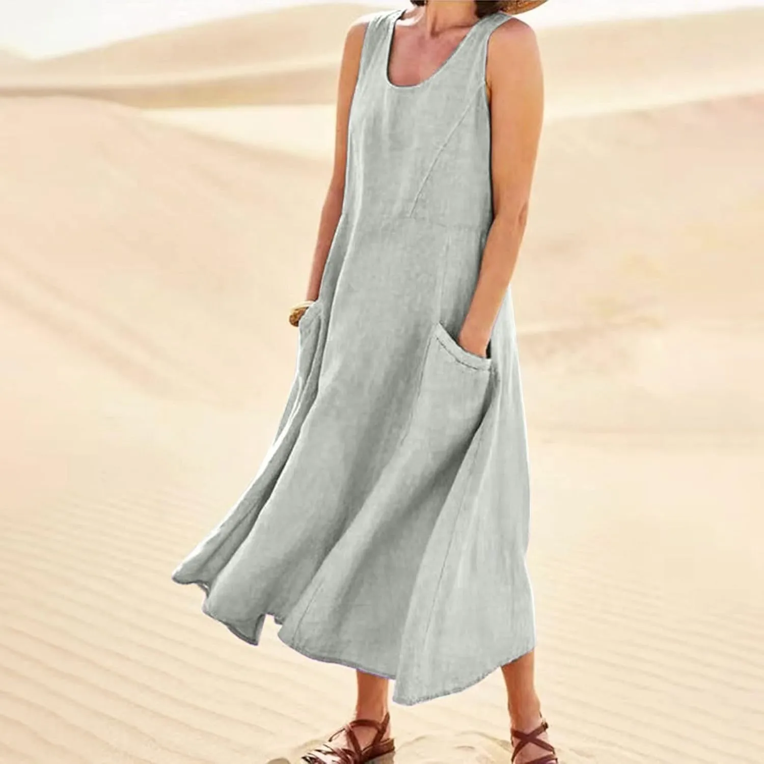 Women's Summer Cotton Linen Long Dress Sleeveless Elegant Flowy Dresses Plus Size Loose Comfy Dresses with Pockets