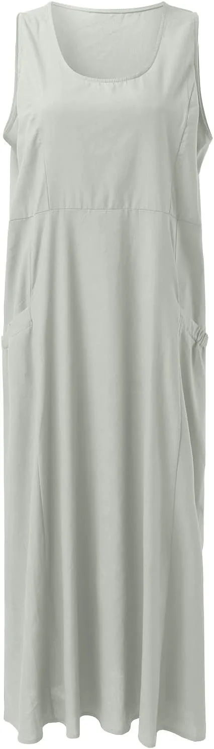 Women's Summer Cotton Linen Long Dress Sleeveless Elegant Flowy Dresses Plus Size Loose Comfy Dresses with Pockets