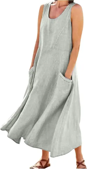Women's Summer Cotton Linen Long Dress Sleeveless Elegant Flowy Dresses Plus Size Loose Comfy Dresses with Pockets