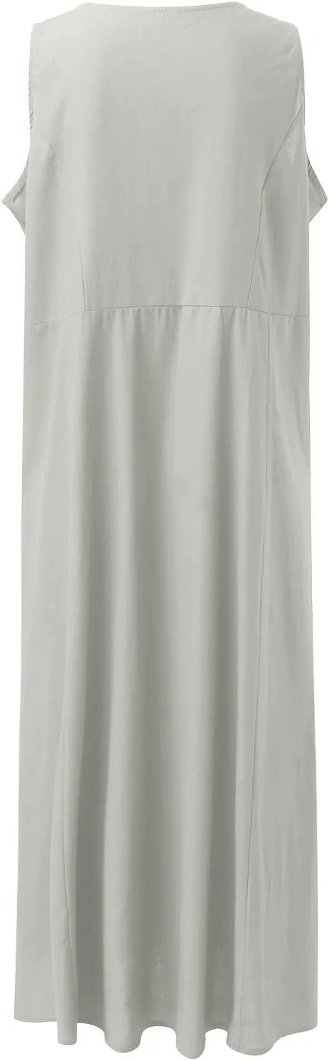 Women's Summer Cotton Linen Long Dress Sleeveless Elegant Flowy Dresses Plus Size Loose Comfy Dresses with Pockets