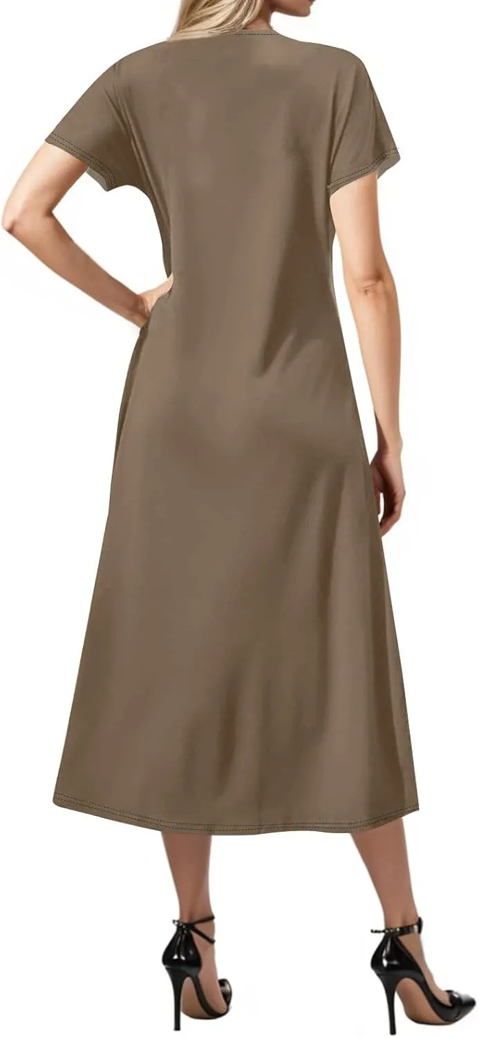 Womens Summer Dresses 2025 Short Sleeve T Shirt Dress Summer Casual Loose Swing Tshirt Midi Dresses with Pockets
