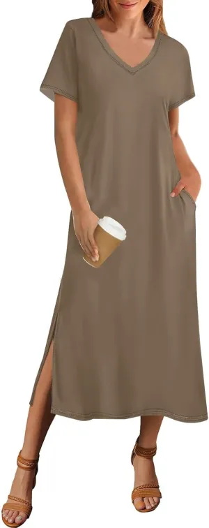 Womens Summer Dresses 2025 Short Sleeve T Shirt Dress Summer Casual Loose Swing Tshirt Midi Dresses with Pockets
