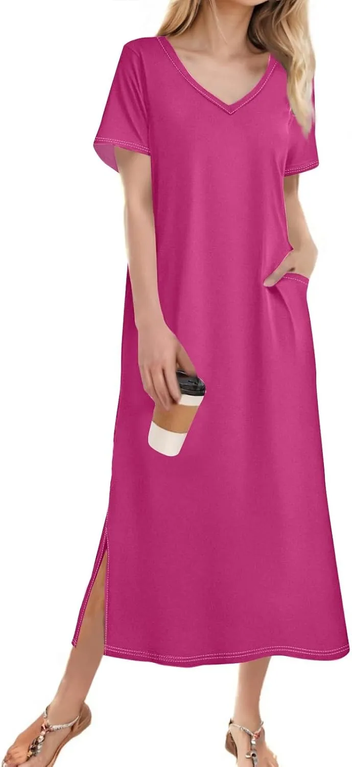 Womens Summer Dresses 2025 Short Sleeve T Shirt Dress Summer Casual Loose Swing Tshirt Midi Dresses with Pockets