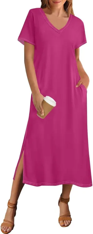 Womens Summer Dresses 2025 Short Sleeve T Shirt Dress Summer Casual Loose Swing Tshirt Midi Dresses with Pockets