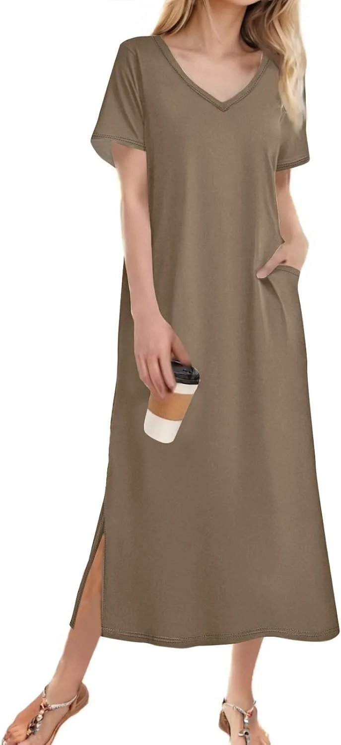 Womens Summer Dresses 2025 Short Sleeve T Shirt Dress Summer Casual Loose Swing Tshirt Midi Dresses with Pockets