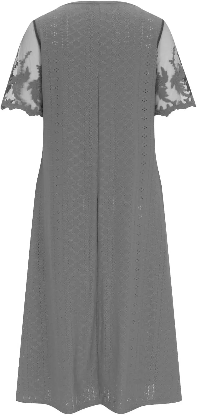 Womens Summer Dresses Casual Lace Patchwork Short Sleeve Eyelet Dress Vacation Boho Flowy Long Maxi Dress Sundresses