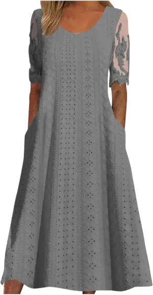 Womens Summer Dresses Casual Lace Patchwork Short Sleeve Eyelet Dress Vacation Boho Flowy Long Maxi Dress Sundresses