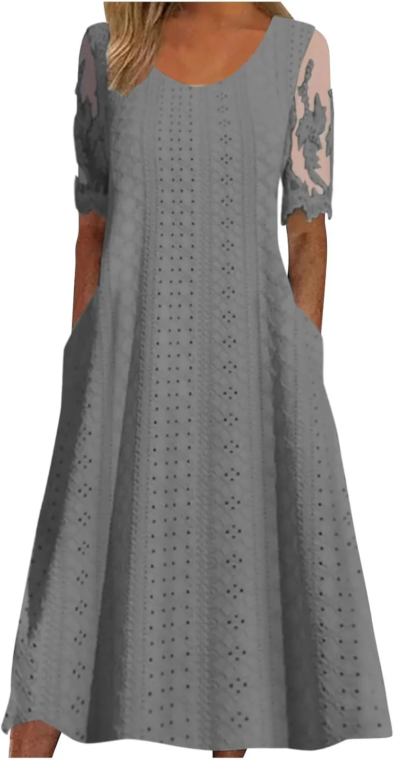 Womens Summer Dresses Casual Lace Patchwork Short Sleeve Eyelet Dress Vacation Boho Flowy Long Maxi Dress Sundresses