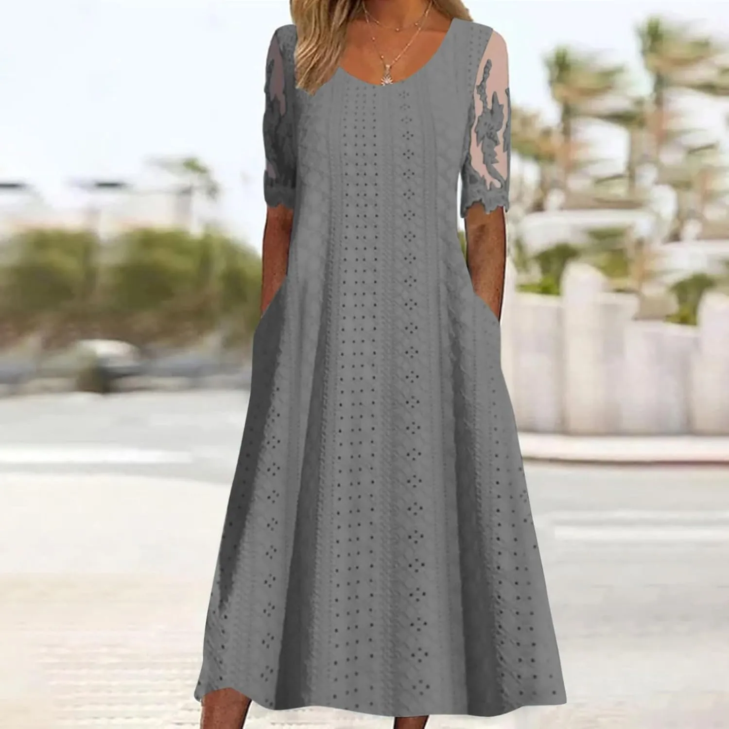 Womens Summer Dresses Casual Lace Patchwork Short Sleeve Eyelet Dress Vacation Boho Flowy Long Maxi Dress Sundresses