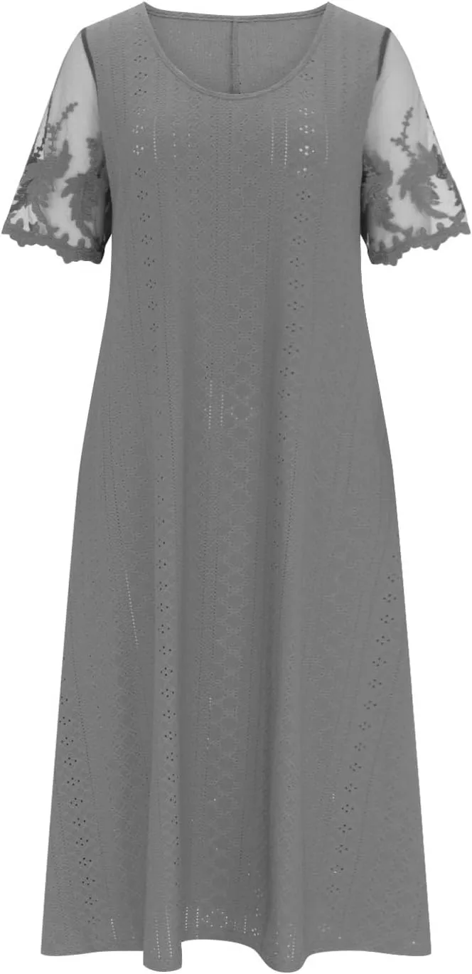 Womens Summer Dresses Casual Lace Patchwork Short Sleeve Eyelet Dress Vacation Boho Flowy Long Maxi Dress Sundresses