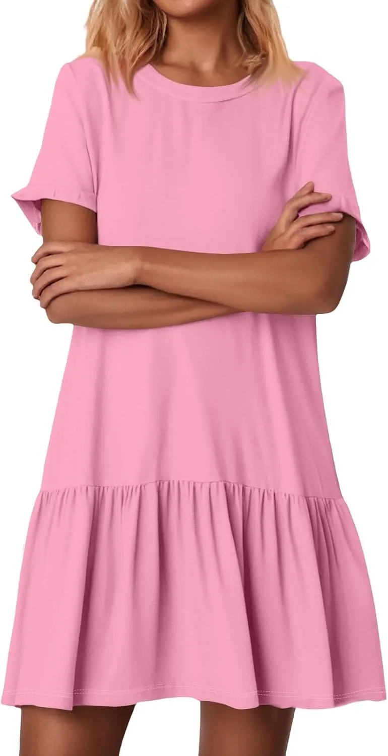 Womens Summer Dresses Ruffle Short Sleeve Crewneck Casual Dress A Line Plain Simple Flowy Sundress 2025 Vacation