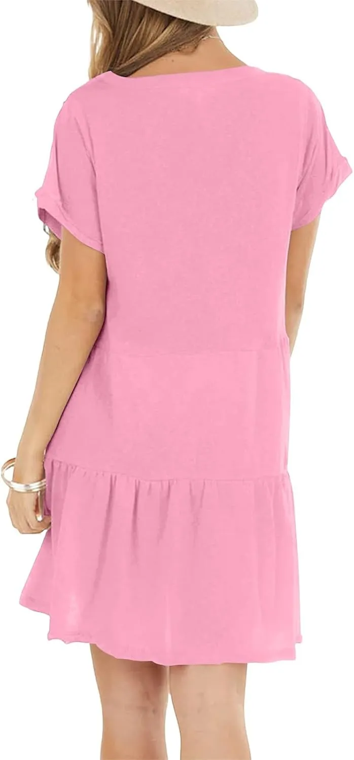 Womens Summer Dresses Ruffle Short Sleeve Crewneck Casual Dress A Line Plain Simple Flowy Sundress 2025 Vacation