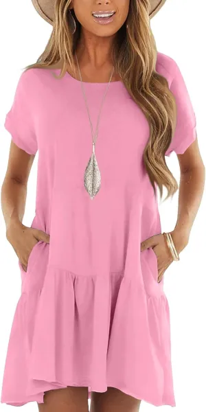 Womens Summer Dresses Ruffle Short Sleeve Crewneck Casual Dress A Line Plain Simple Flowy Sundress 2025 Vacation