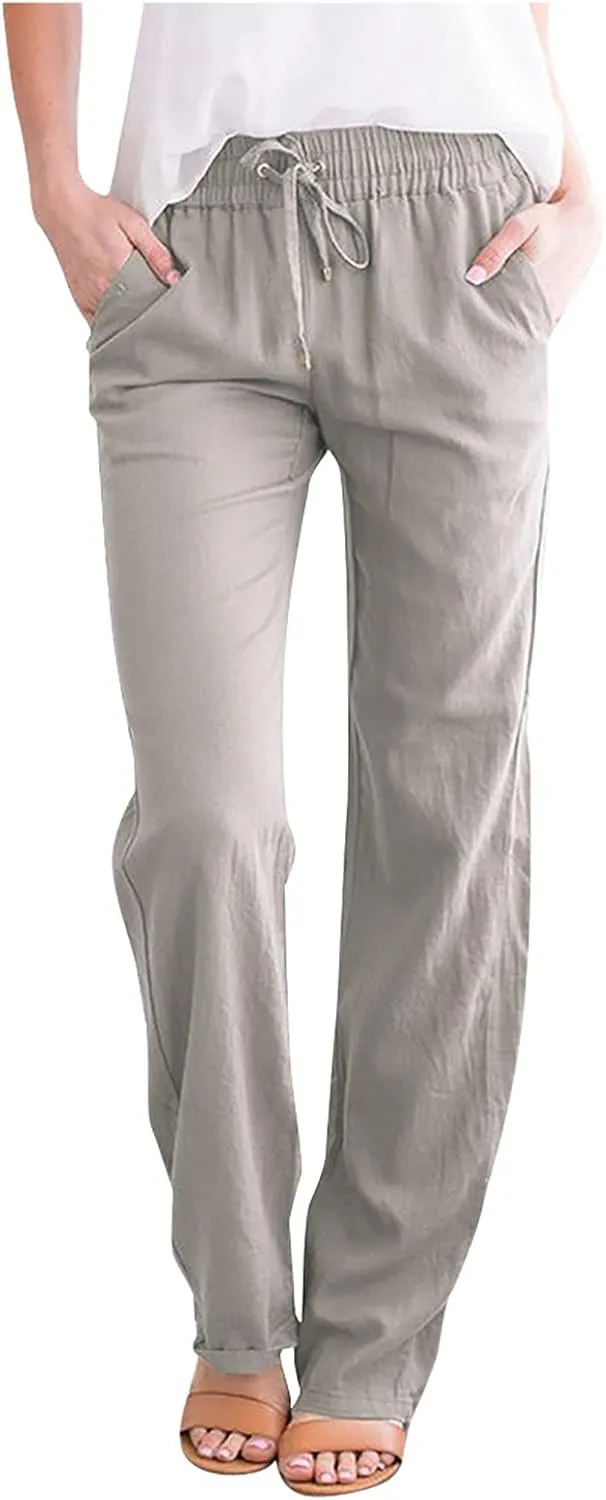 Womens Summer Fashion Linen Cotton Pants Casual Drawstring High Waist Loose Fit Beach Vacation Trousers with Pockets