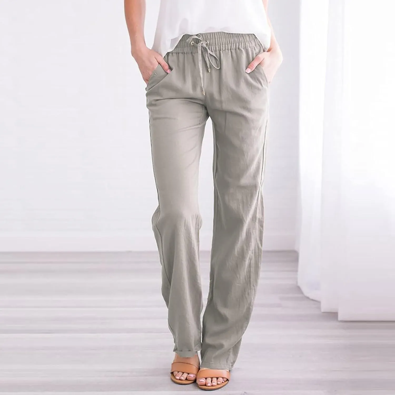 Womens Summer Fashion Linen Cotton Pants Casual Drawstring High Waist Loose Fit Beach Vacation Trousers with Pockets