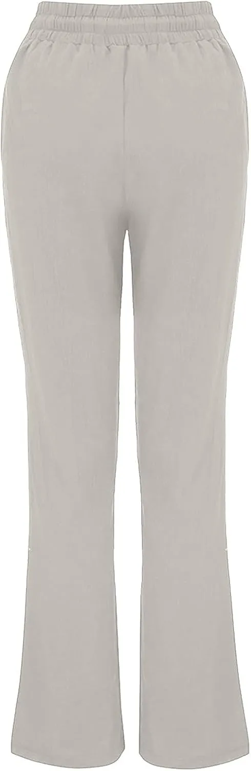 Womens Summer Fashion Linen Cotton Pants Casual Drawstring High Waist Loose Fit Beach Vacation Trousers with Pockets
