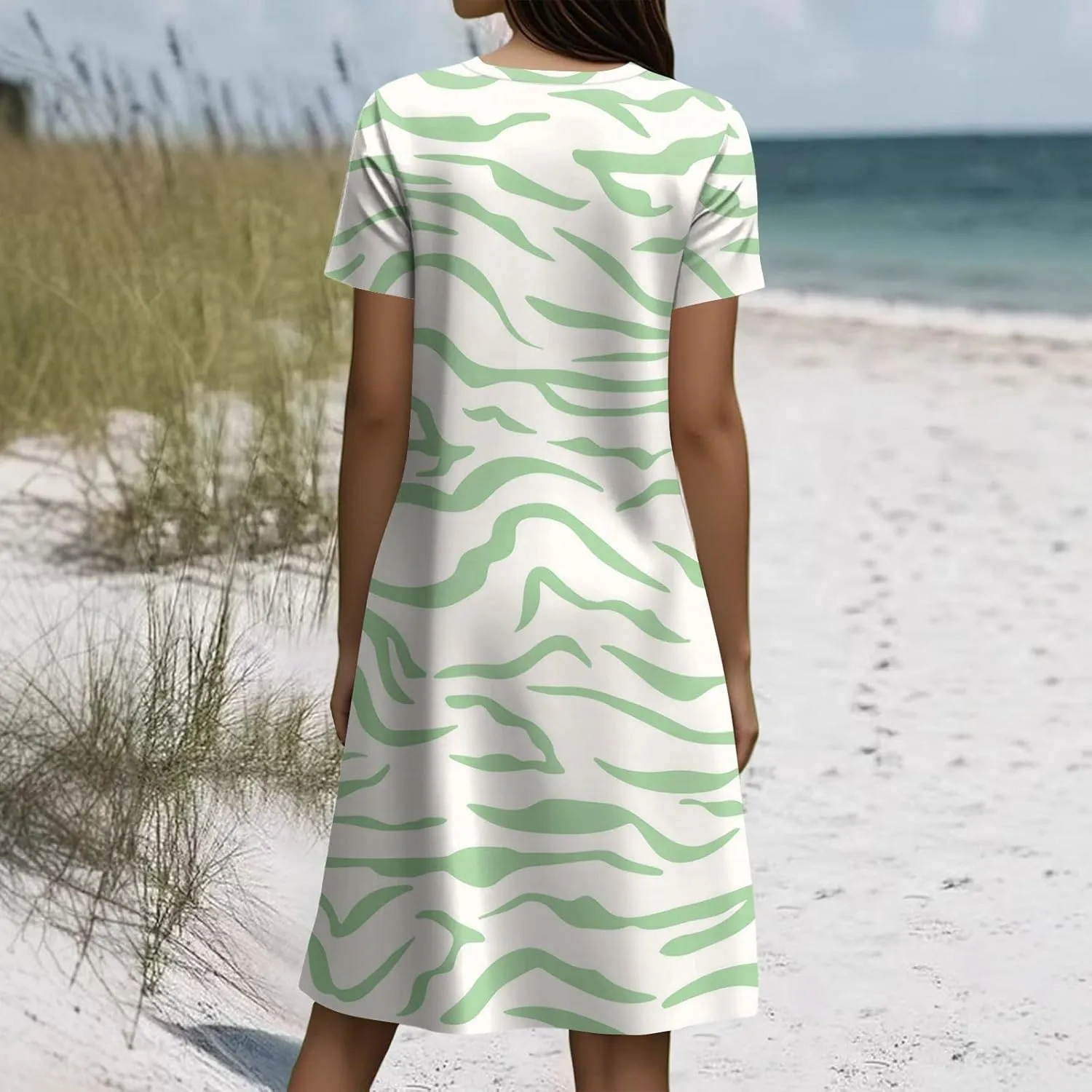 Women's Summer Floral Beach Sundresses with Pockets, Loose Fit Short Sleeve Round Neck Knee Length Vacation Dress