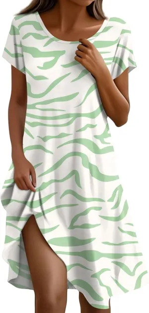 Women's Summer Floral Beach Sundresses with Pockets, Loose Fit Short Sleeve Round Neck Knee Length Vacation Dress