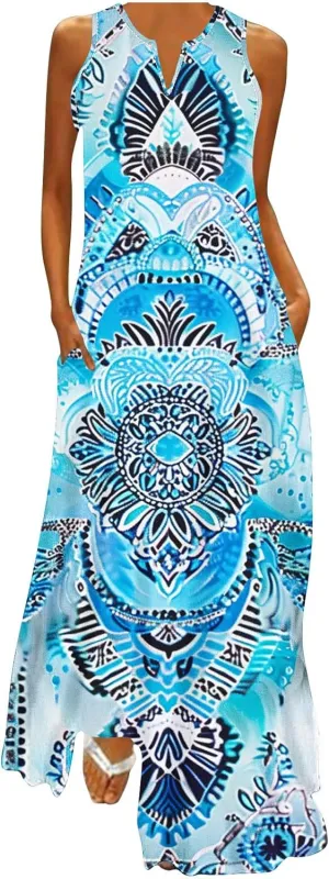 Womens Summer Maxi Dress 2025 Casual Boho Beach Long Dress Vacation Wear Flowy V-Neck Sleeveless Sundresses Clothes