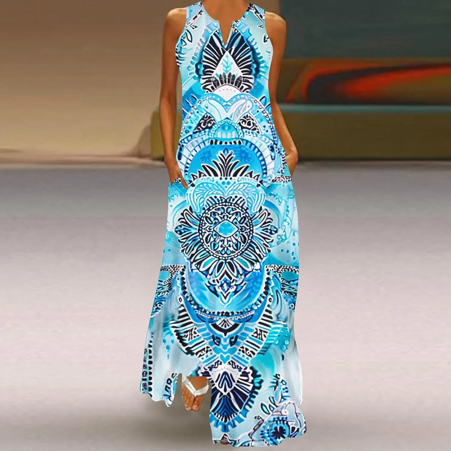 Womens Summer Maxi Dress 2025 Casual Boho Beach Long Dress Vacation Wear Flowy V-Neck Sleeveless Sundresses Clothes